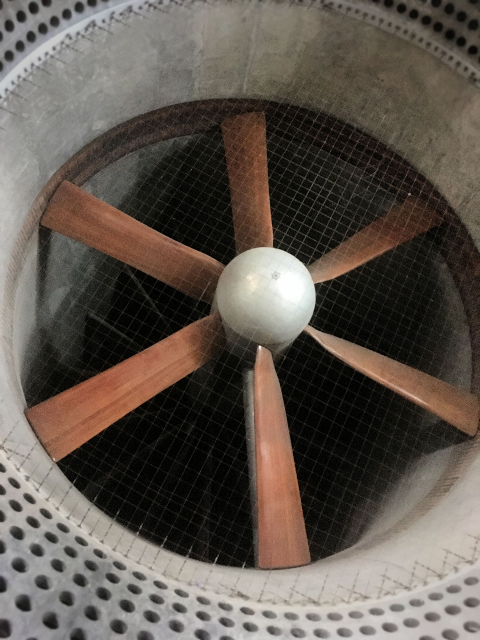 A very large mahogany bladed fan in a concrete surround